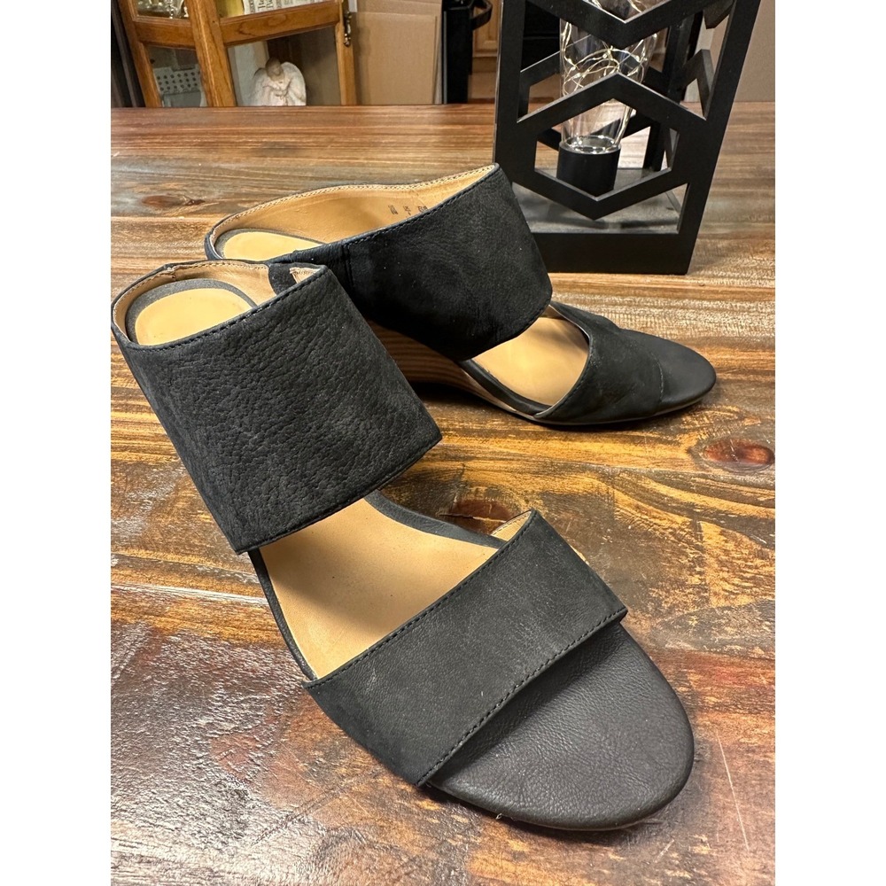 Franco Sarto Womens Mingle Black Leather Wedge Heel Sandal US Size 8M Office